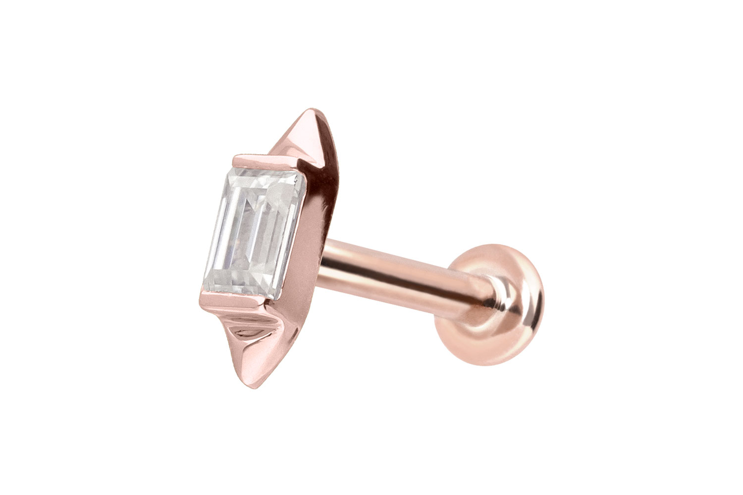 14 Karat Gold Labret Piercing mit Innengewinde MOISSANIT-RECHTECK + 2 SPITZEN